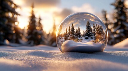 Obraz premium A transparent glass egg showcases a serene winter forest, set on a snowy ground illuminated by morning light
