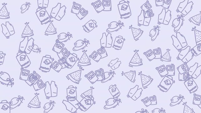 Animated travel icons pattern background passports hats luggage and vests in a seamless looping design.