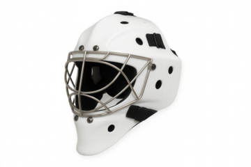 White ice hockey goalie mask for head and face protection. Sports gear cutout on a transparent background