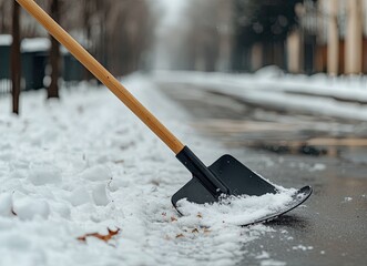 A snow plow removes snow from a street, while an individual uses a shovel to clear a nearby walkway in winter conditions