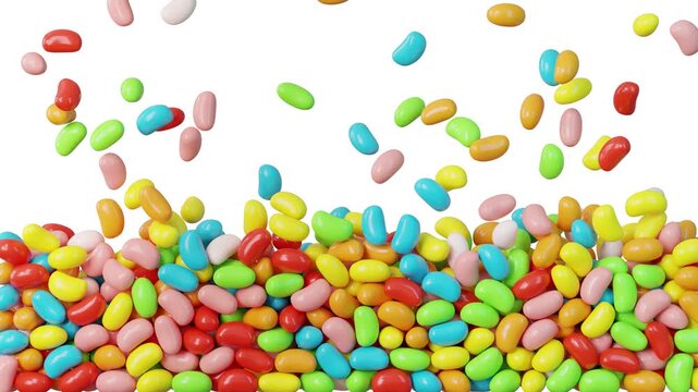 Colorful jelly beans filling the screen on white background. Seamless loop, 60 fps, 4K.