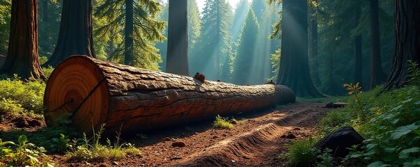 Fallen Redwood Giant Sunlight Dapples Lush Forest Clearing After Logging