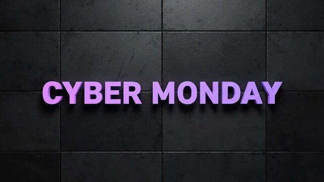 Bold "Cyber Monday" text illuminated against a dark textured background, evoking digital sales and online shopping.