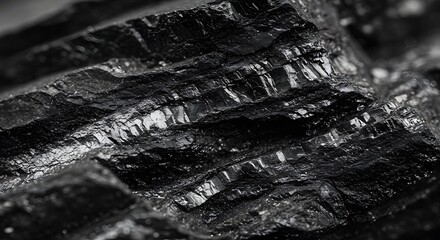 Close up of a black rock formation with textured surfaces and reflections