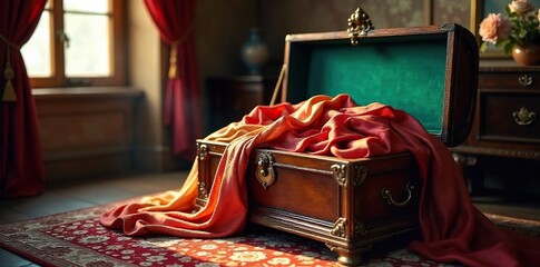 Luxurious Antique Chest Overflowing with Jewel-Toned Silks and Satins in Soft Warm Light