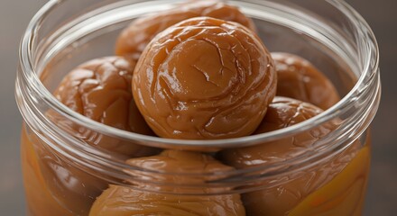 Close up of preserved plums in a glass jar traditional food concept