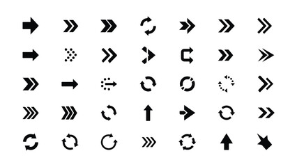 Collection of diverse black arrow icons and symbols on a white background