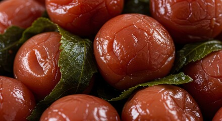 Close up of preserved plums with fresh green leaves in natural daylight