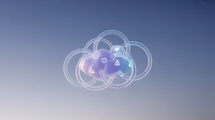 Abstract 3d rendering of a cloud shape made of interconnected rings and translucent spheres with numbers inside