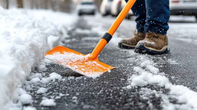 A man is clearing snow from a walkway near his house in a quiet city neighborhood on a bright winter day