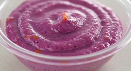Close up of purple food in a clear bowl ready to be served