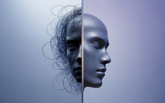 Abstract representation of artificial intelligence and human consciousness merging and evolving