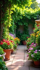 Colorful Patio Garden Oasis Overflowing Terracotta Pots, Lush Greenery, Vibrant Flowers, Perfect Summer, Spring, or Fall Ambiance