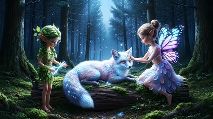 Enchanted Forest: Fairies Befriending a Magical White Fox