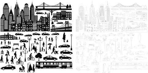 Vector art of urban cityscape a detailed silhouette of city life featuring buildings, bridges, cars, and people in various activities silhouette