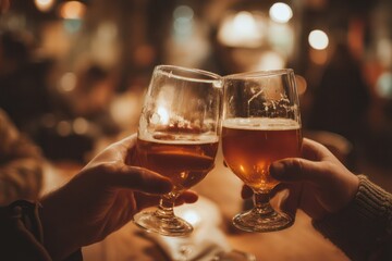 Hands clinking beer glasses in a warm, friendly bar setting