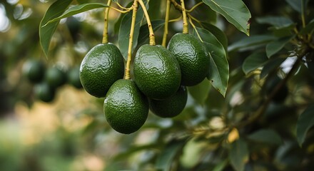 Close up of ripe avocados hanging from a tree branch during daylight