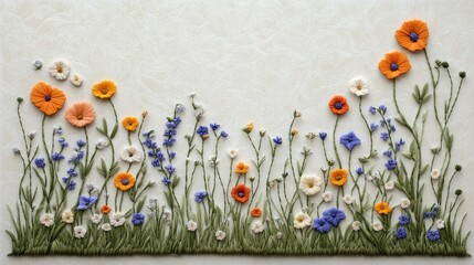 A beautiful arrangement of embroidered wild flowers in vibrant colors and organic wool textures set against a crisp white background