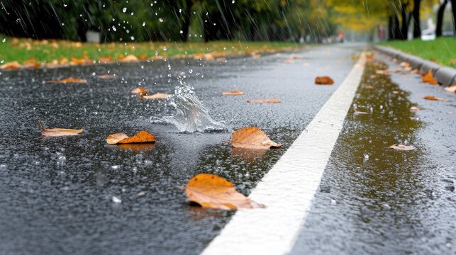 Rain falls heavily on a winding country road in England, bordered by vibrant grass and trees, creating a serene yet moody ambiance