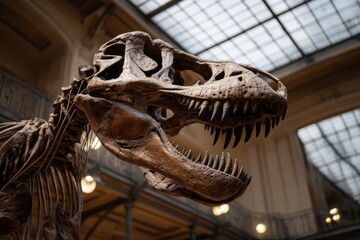 Mighty Tyrannosaurus rex skeleton on display in a bright museum hall