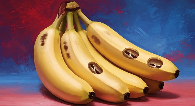 Close up of ripe bananas with spots and holes against a textured background