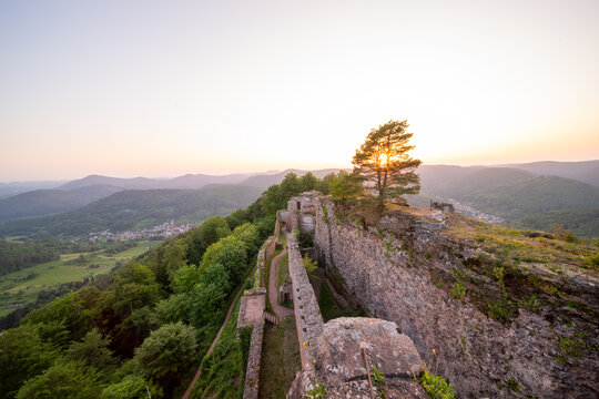 Burgruine Neuscharfeneck in Ramberg bei Sonnenuntergang im Pf&auml;lzerwald