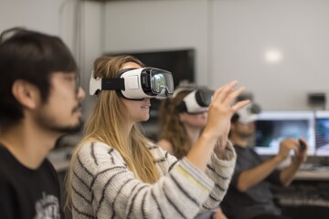 Students learning language through immersive virtual reality experience