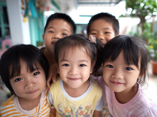 Different interracial international cute little children smiling and hugging close-up. Friendship, peace, black, white, Asian