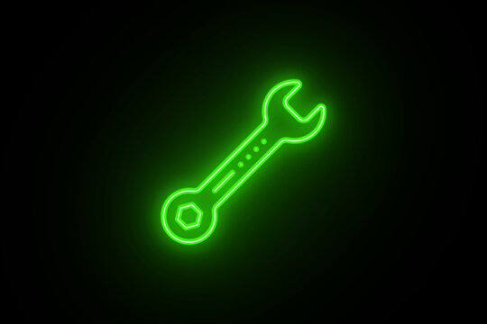 Neon glowing green color wrench tool icon sign on black background. Neon Wrench sign. Wrench background.