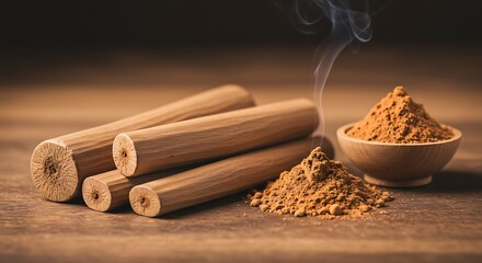 Close up of sandalwood sticks and powder with smoke on wooden surface