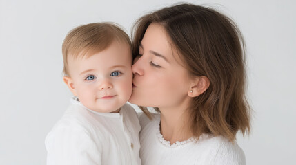 Mother kissing baby on cheek with love and care, both wearing white clothes against plain background