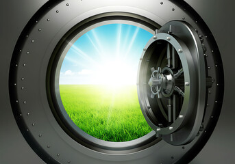 Vault Door Opens to Green Field Representing Opportunity and Freedom