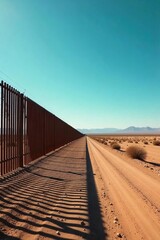 Vast American Desert Border Fence Isolation and Scale Under a Clear Sky
