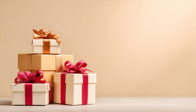 Elegant gift boxes with ribbons on gradient background. Left side empty for text. Perfect for holidays, sales, promotions, or festive designs.
