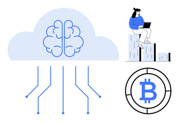 Brain in cloud with connected lines, blockchain icon, and person on data graph with laptop. Ideal for AI, blockchain, cryptocurrency, cloud computing, innovation, data analysis digital technology