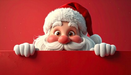 Cute Santa Claus peeking over a red blank background. Christmas illustration with copy space, perfect for holiday banners, greeting cards, posters, and festive designs