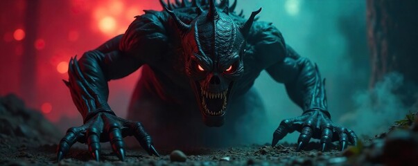 Menacing Monster Lurking in Shadows, Claws Extended, Ready to Strike - Perfect for Halloween, Horror, and Fantasy Projects