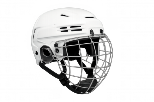 Ice hockey helmet providing head protection, having a full face cage, sporting equipment on transparent background