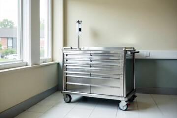 Hospital bed with medical supply cart and IV drip A full shot of a hospital bed in a neutral toned hospital room. A stainless steel medical supply cart with various items is parked next to it, and an