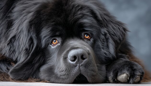 Majestic Newfoundland Dog in a Close-Up Portrait Resting Against a Seamless Gray Background