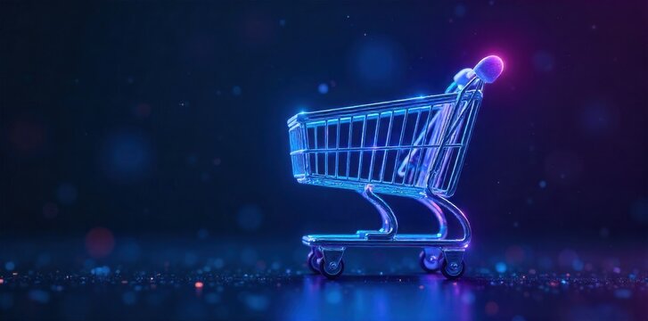 Interconnected digital nodes and pathways forming a shopping cart, illustrating the complexity and reach of online marketplaces. An intricate, abstract shopping cart constructed from a dense network