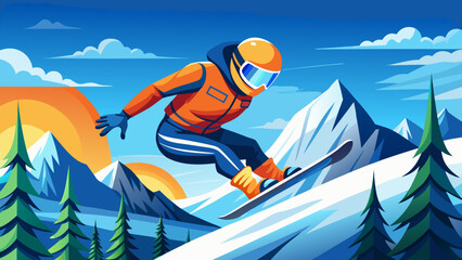 Vector illustration of orange-clad snowboarder mid-jump on snowy mountain. Winter sports advertisement concept