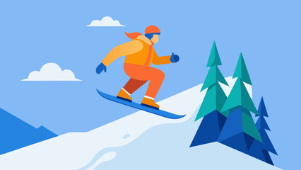 Vector illustration of orange-clad snowboarder mid-jump on snowy mountain. Winter sports advertisement concept