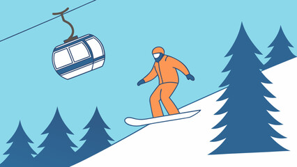 Vector illustration of orange-clad snowboarder mid-jump on snowy mountain. Winter sports advertisement concept