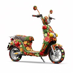 Fototapeta premium A modern moped (scooter) or motorcycle assembled from bright fresh fruits and vegetables