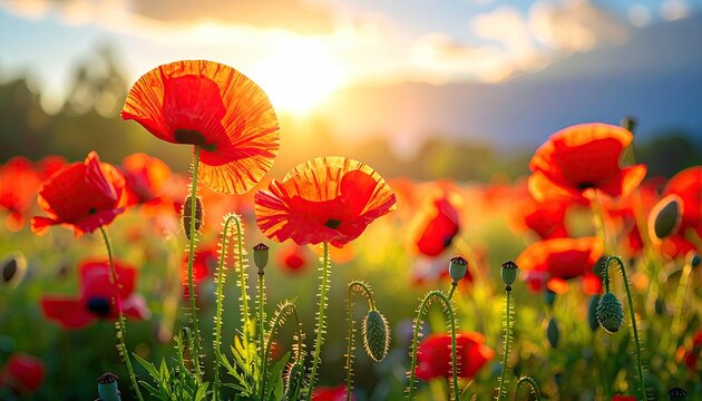 Vibrant Red Poppies Blooming in a Sunlit Field During Golden Hour with Distant Mountains and Soft Clouds in the Sky - Powered by Adobe