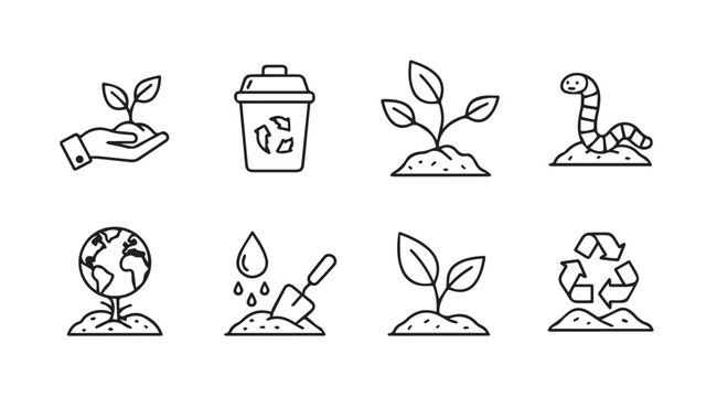 Eco friendly icons seedling growth earth recycling garden tools compost bin worm vector