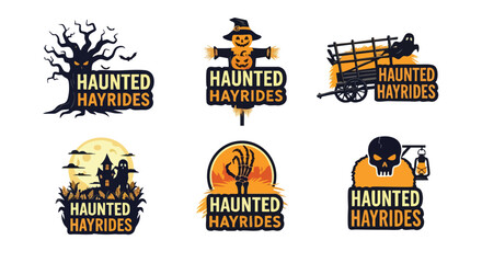 A collection of spooky Halloween-themed logos advertising haunted hayrides, featuring various illustrations such as a haunted tree, scarecrow, and spooky castle, perfect for seasonal promotions.