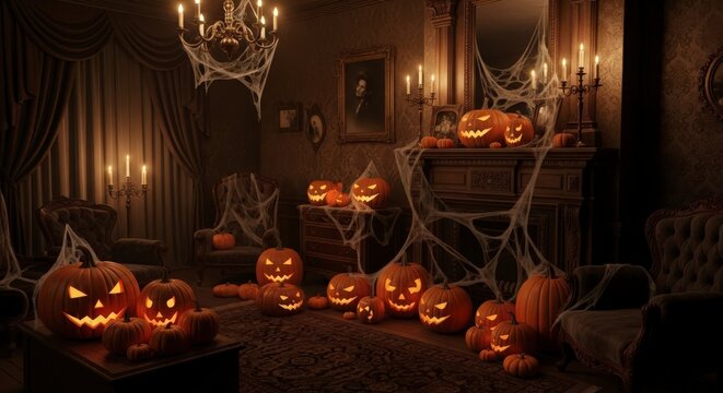 Spooky Halloween Night with Carved Pumpkins and Candles in a Dark Room. - Powered by Adobe
