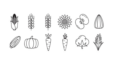 Collection of hand-drawn agricultural produce icons representing harvest and food staples vector